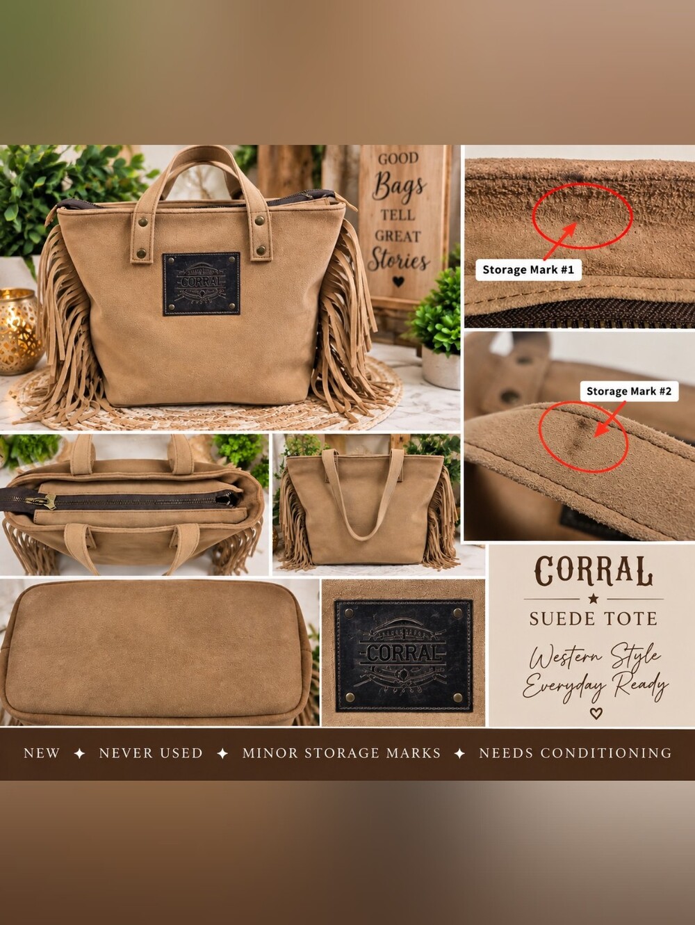 Corral Tan Suede Fringe Tote 10×11